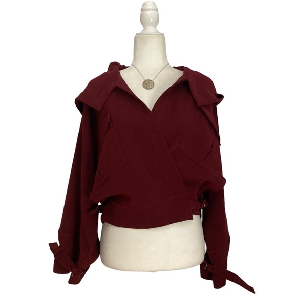 NWT Relative Pi Flap Pocket Slouchy Hooded Bomber Jacket in Mahogany Berry - Picture 2 of 12